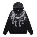 VALEFOREVER Black Chain Letter Distressed Zip Up Hoodie